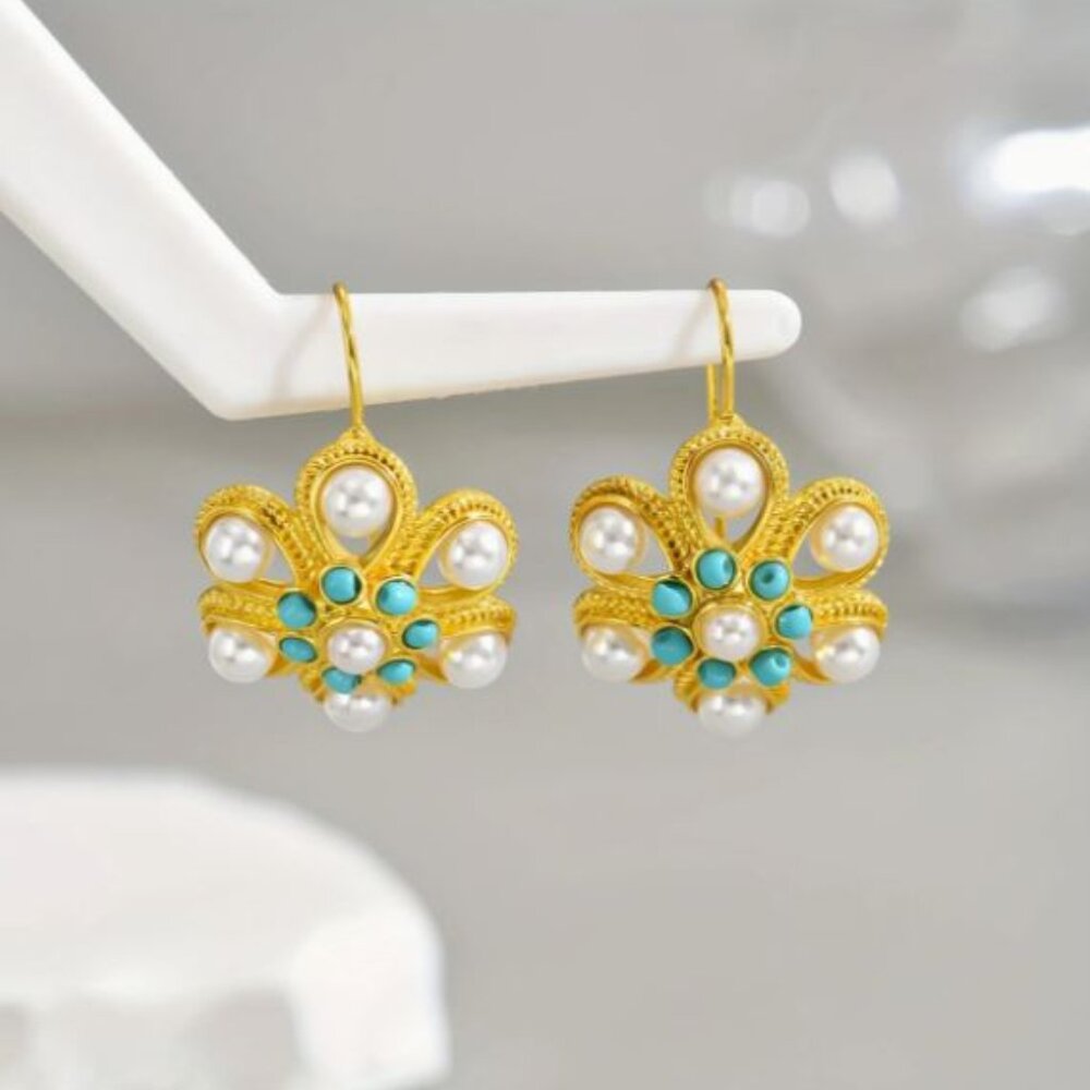 NEW Petra 18K Gold Plated Imperial Pearl and Turquoise Ornate Drop Earrings - Picture 2 of 4